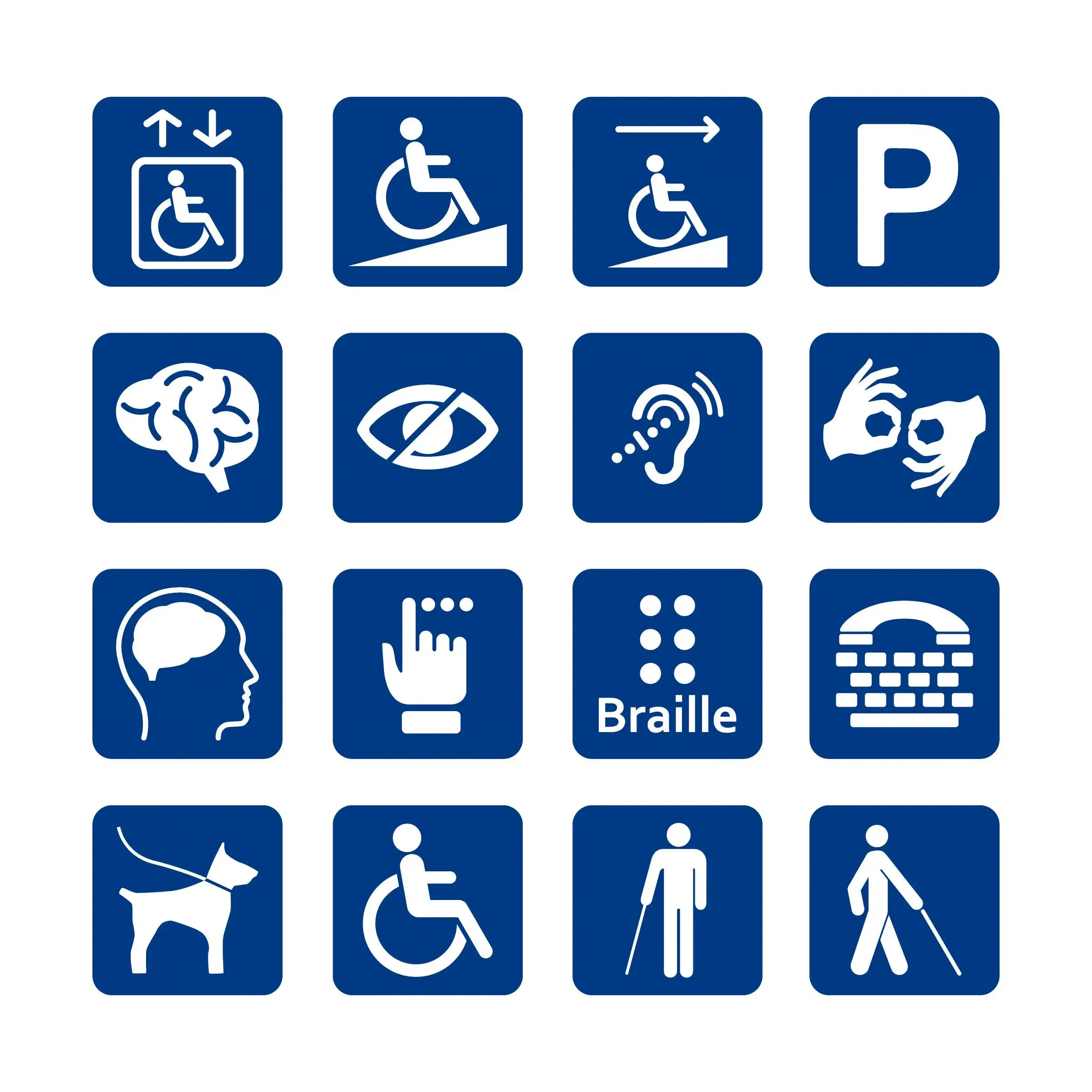 Blue square set of disability icons